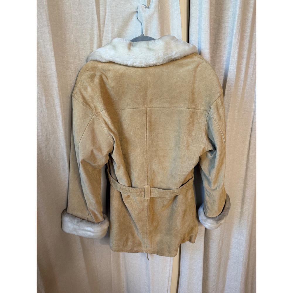 Y2K Vtg Leather Fur Trim Tan Suede Belted Jacket Coat Small‎ - Picture 7 of 7